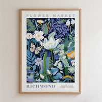 The image is a framed poster depicting a vibrant and colorful floral scene, with various flowers, leaves, and butterflies.