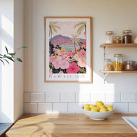 a framed poster of a tropical island landscape with palm trees and colorful flowers, hanging on a wall above a wooden countertop with a bowl of lemons.
