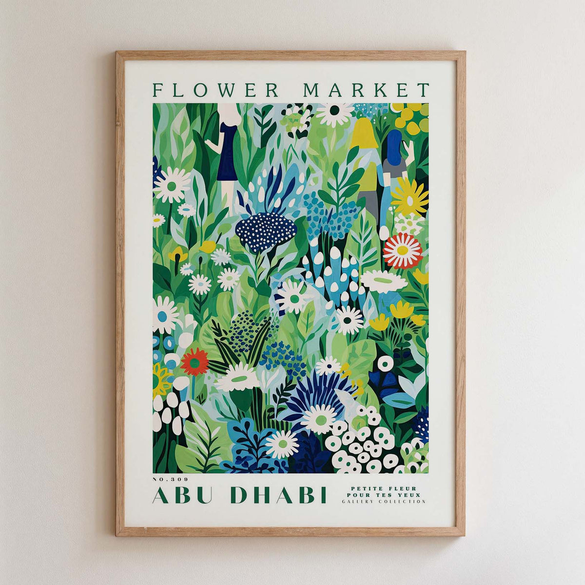 The image is a framed poster depicting a vibrant and colorful floral scene, with various flowers and plants in shades of green, blue, and yellow.