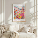 a poster of a flower market in New York, with a colorful and vibrant depiction of the market scene.