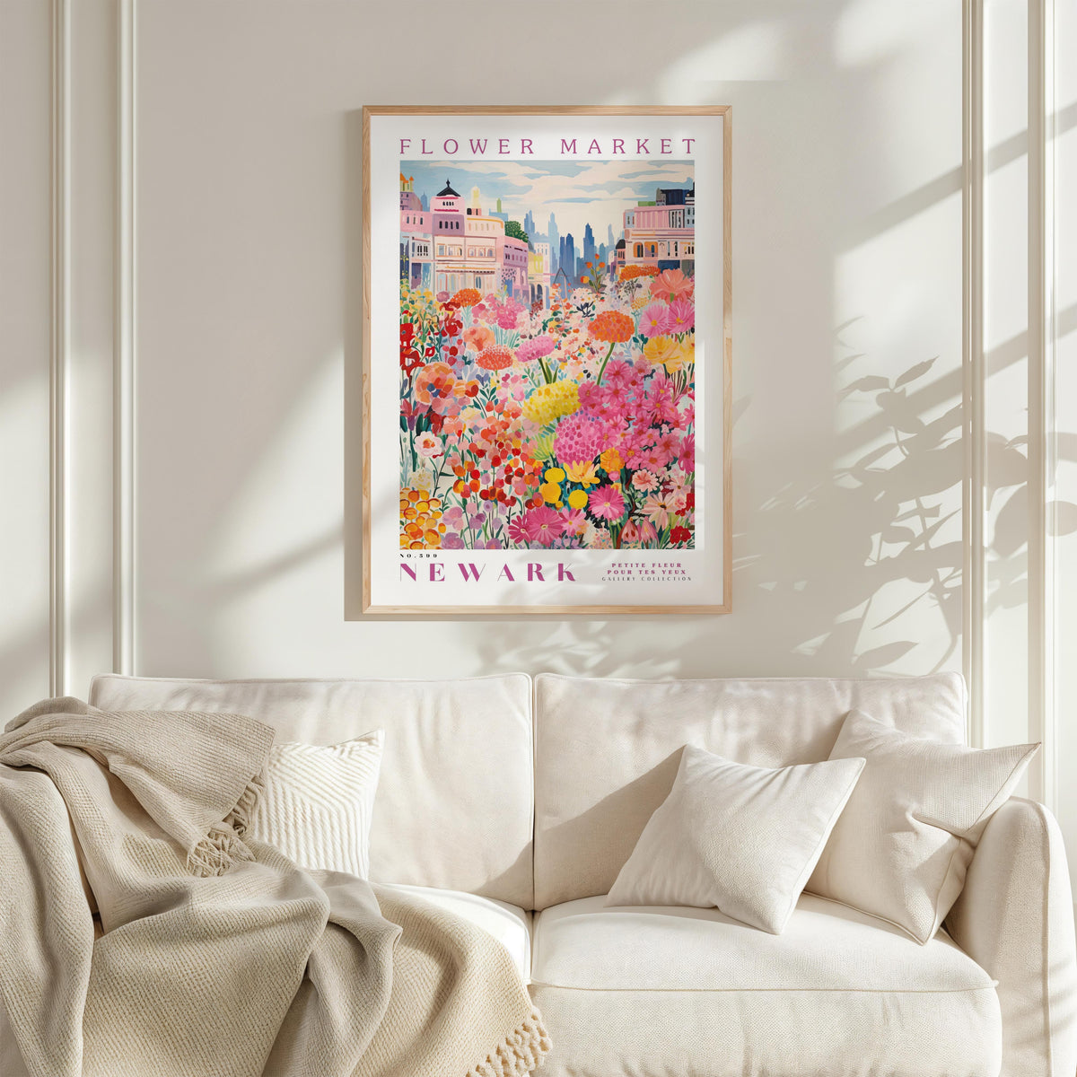 a poster of a flower market in New York, with a colorful and vibrant depiction of the market scene.