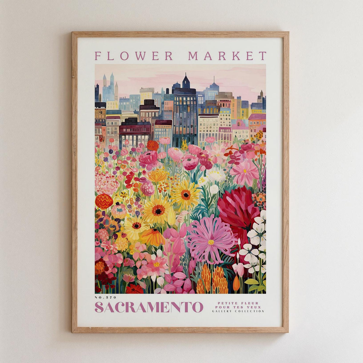 The image is a framed poster depicting a vibrant cityscape with a colorful flower market in the foreground.