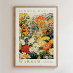 The image is a framed poster of a flower market in Warsaw, Poland.