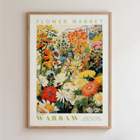 The image is a framed poster of a flower market in Warsaw, Poland.