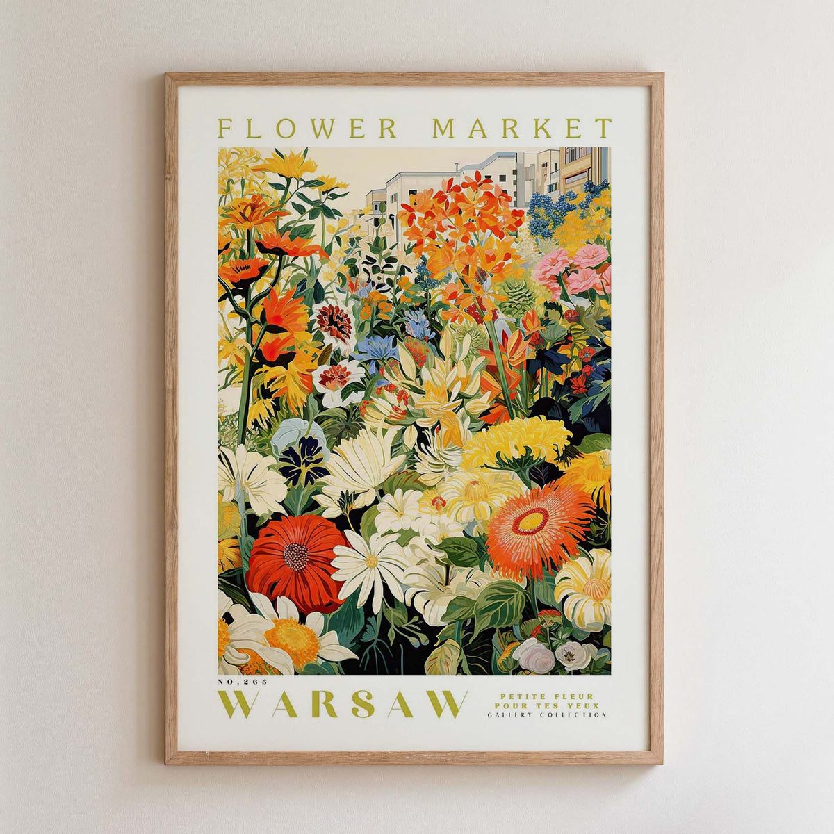 The image is a framed poster of a flower market in Warsaw, Poland.