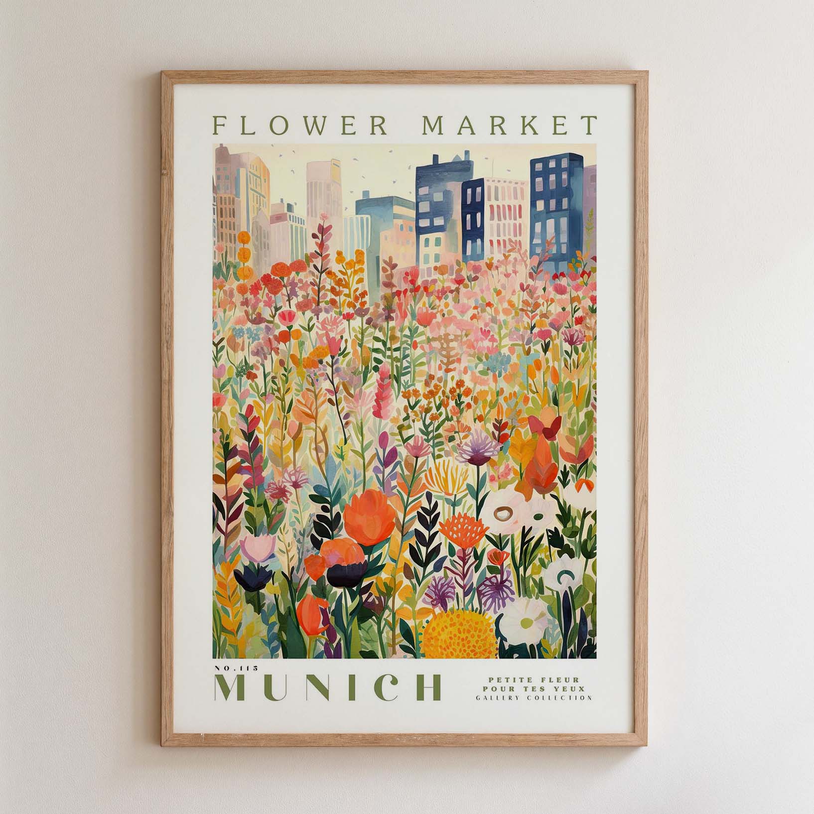 The image is a framed poster depicting a vibrant and colorful flower market in Munich, Germany.