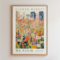 The image is a framed poster depicting a vibrant and colorful flower market in Munich, Germany.
