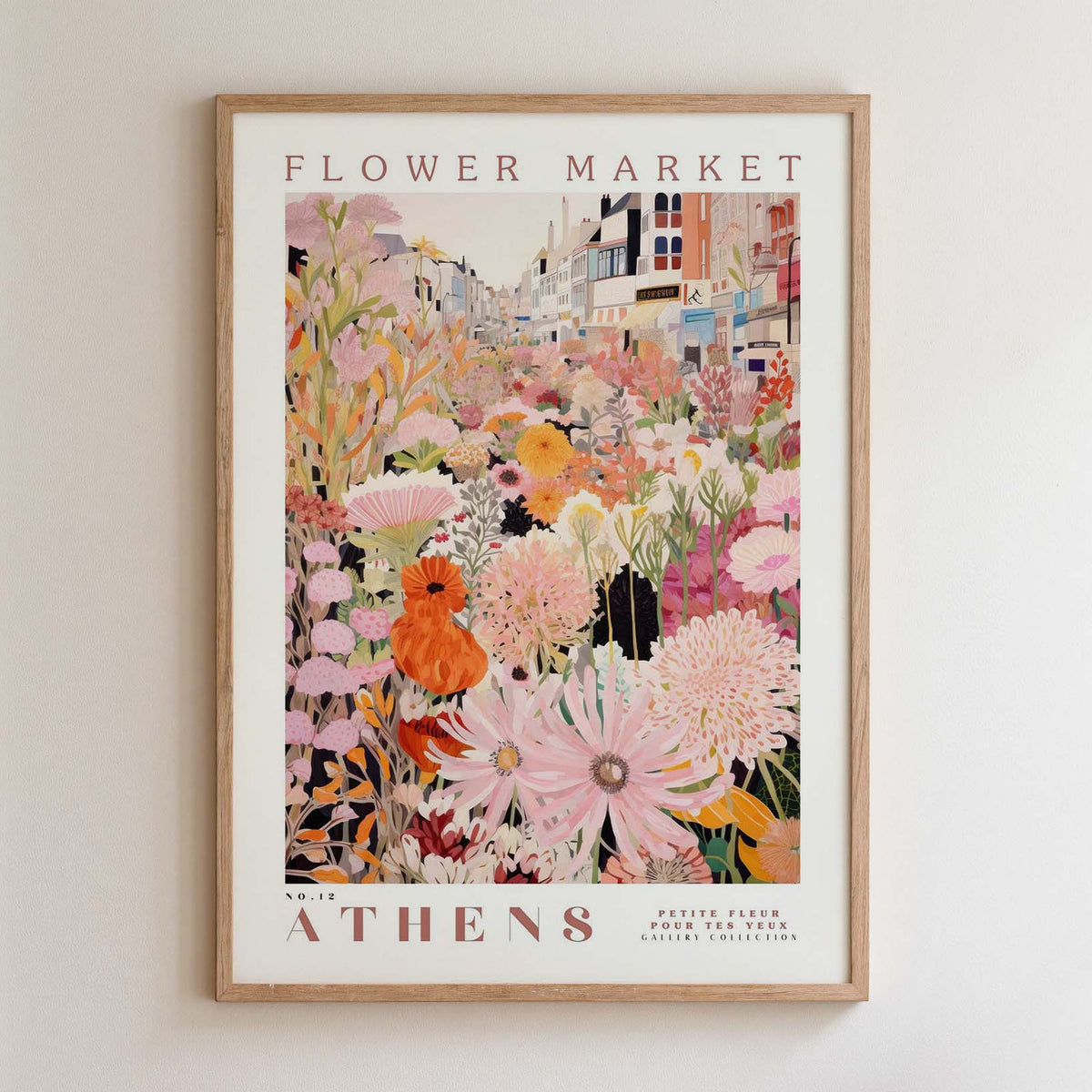 The image is a framed poster depicting a vibrant and colorful flower market in Athens, Greece.