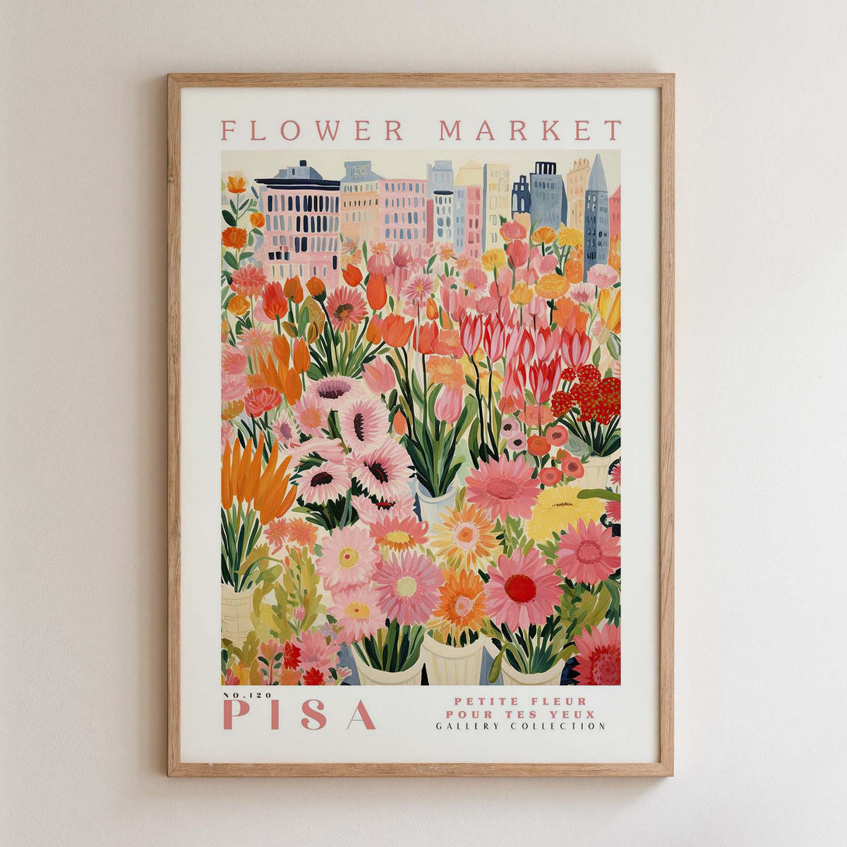 The image is a framed poster depicting a vibrant and colorful flower market scene with various flowers and plants.