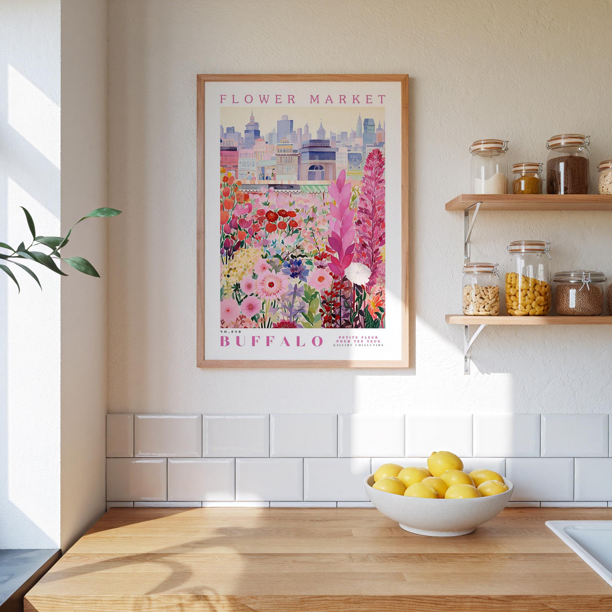 a framed poster of a flower market in Buffalo, New York, with a wooden shelf below it holding various jars and containers.