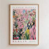 The image is a framed poster depicting a vibrant and colorful scene from the Flower Market in Berlin.