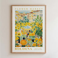 The image is a framed poster depicting a vibrant and colorful flower market in Bologna, Italy.