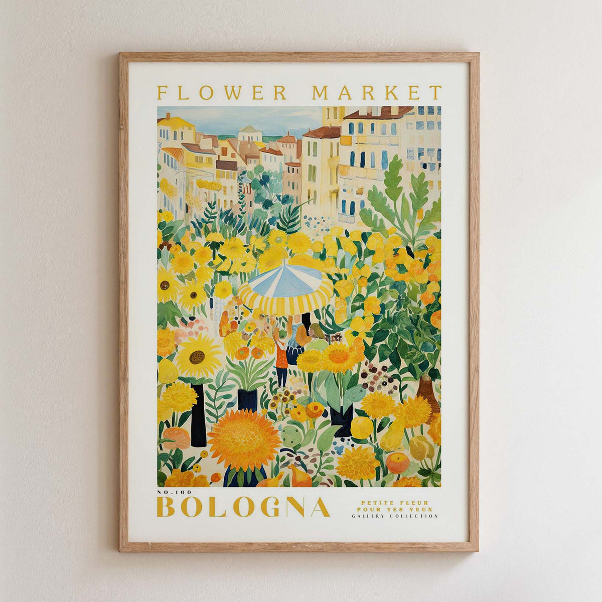 The image is a framed poster depicting a vibrant and colorful flower market in Bologna, Italy.