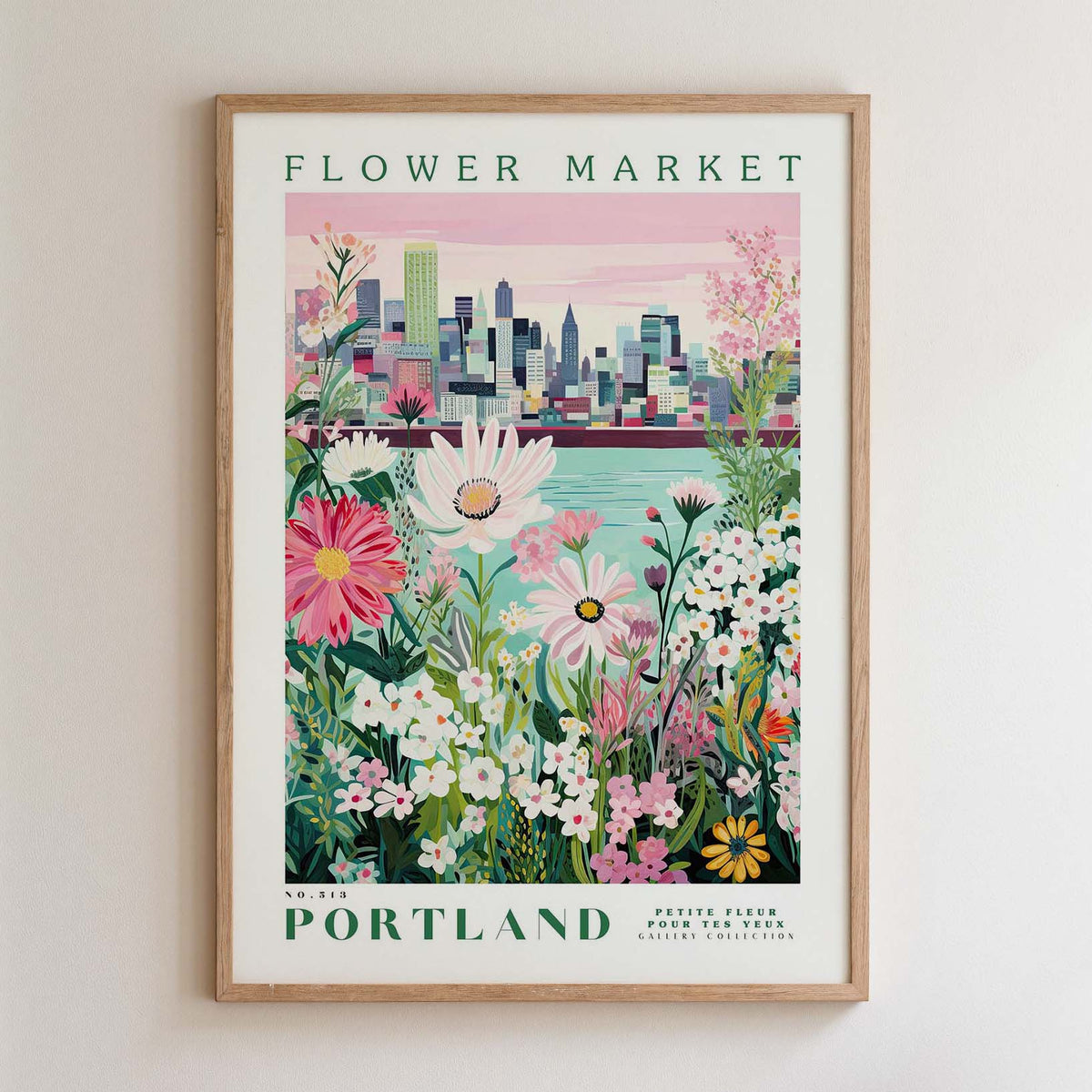 The image is a framed poster depicting a cityscape with a flower market in the foreground.