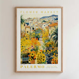 The image is a framed poster depicting a vibrant flower market in Palermo, Italy.