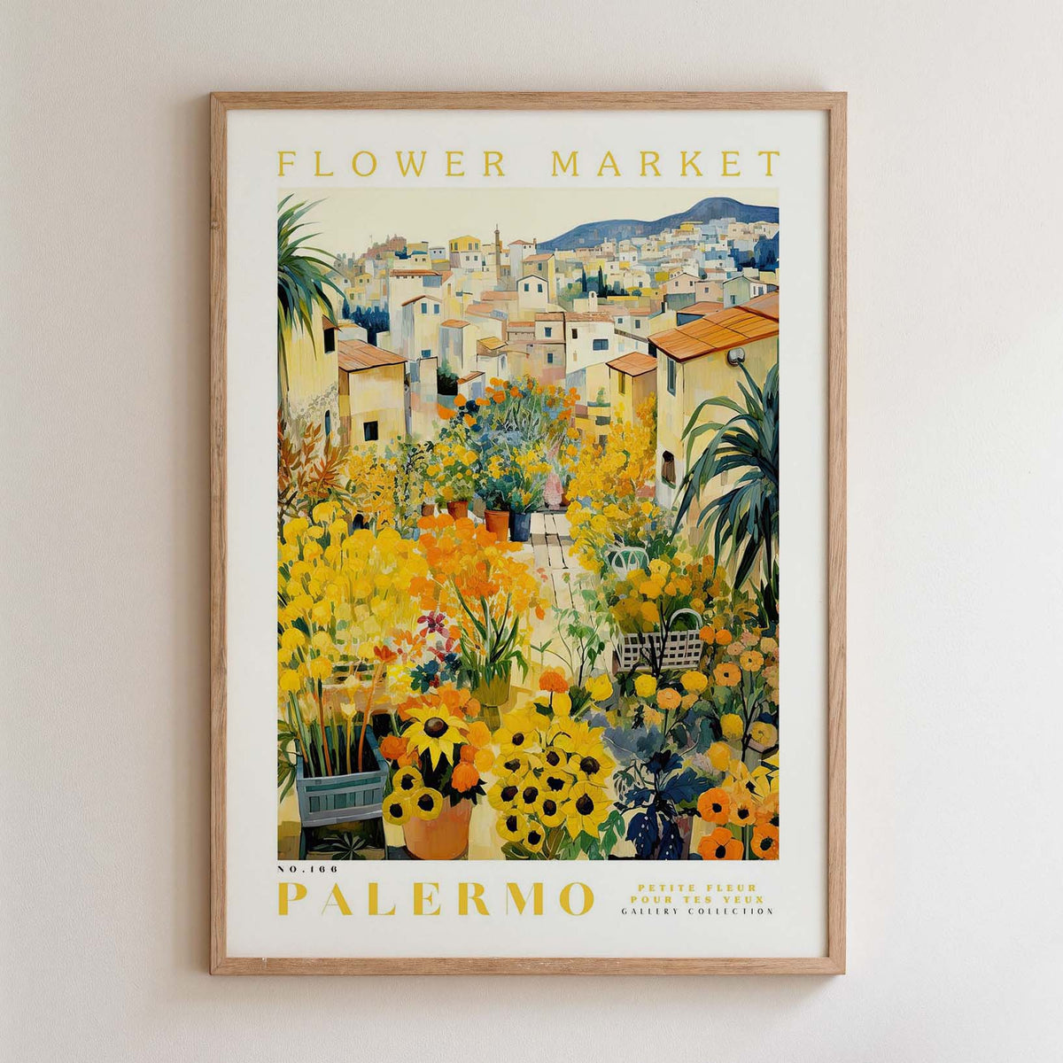 The image is a framed poster depicting a vibrant flower market in Palermo, Italy.