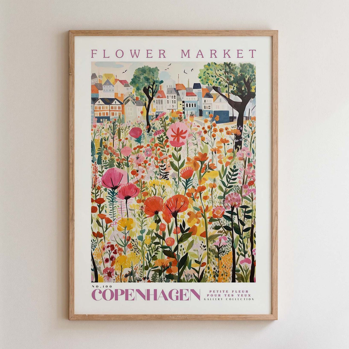 The image is a framed poster depicting a vibrant and colorful flower market in Copenhagen, Denmark.
