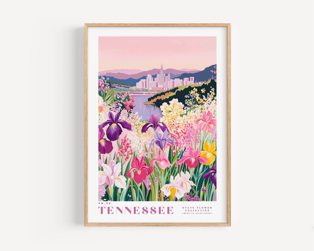 A framed poster depicting a vibrant field of colorful flowers, with a cityscape in the background.