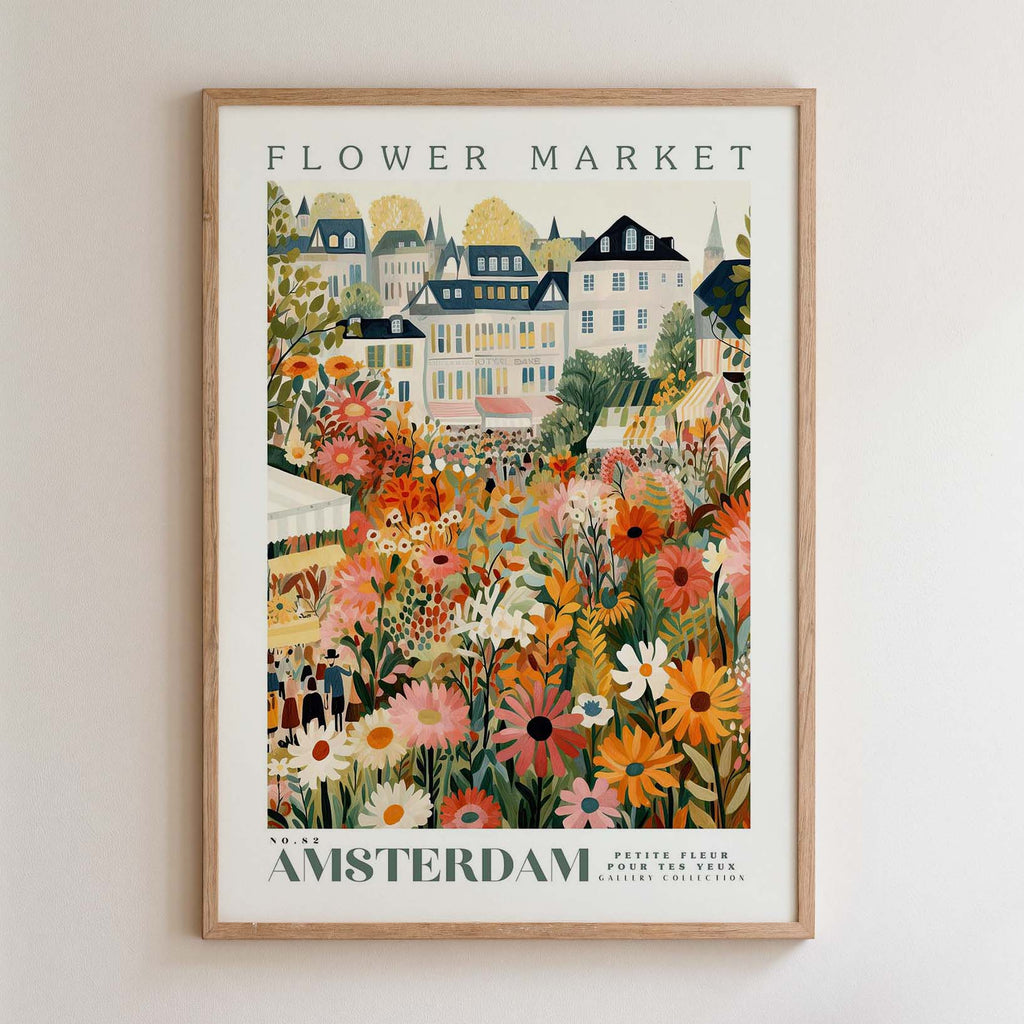 The image is a framed poster depicting a vibrant flower market in Amsterdam, with colorful flowers and buildings in the background.