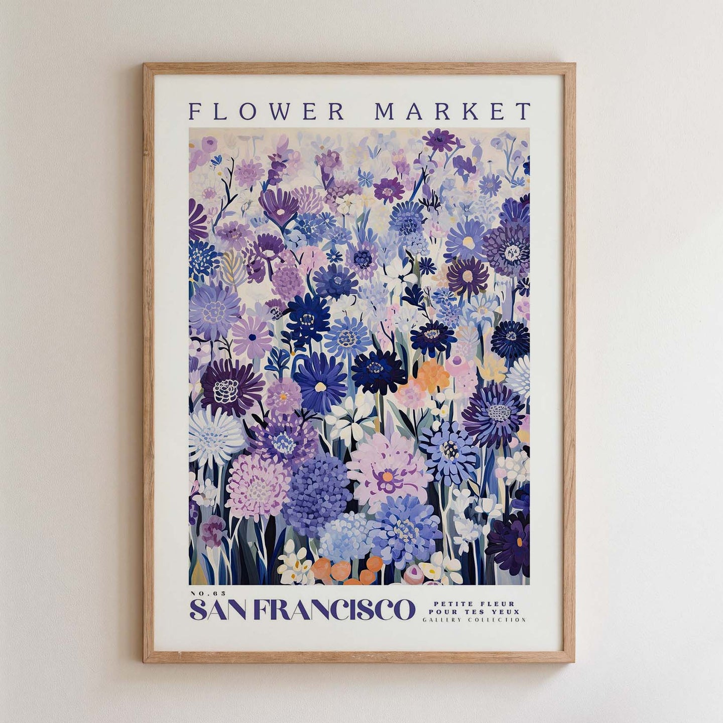 The image is a framed poster of a flower market in San Francisco, featuring a vibrant and colorful illustration of various flowers and plants.