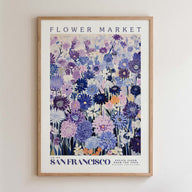 The image is a framed poster of a flower market in San Francisco, featuring a vibrant and colorful illustration of various flowers and plants.