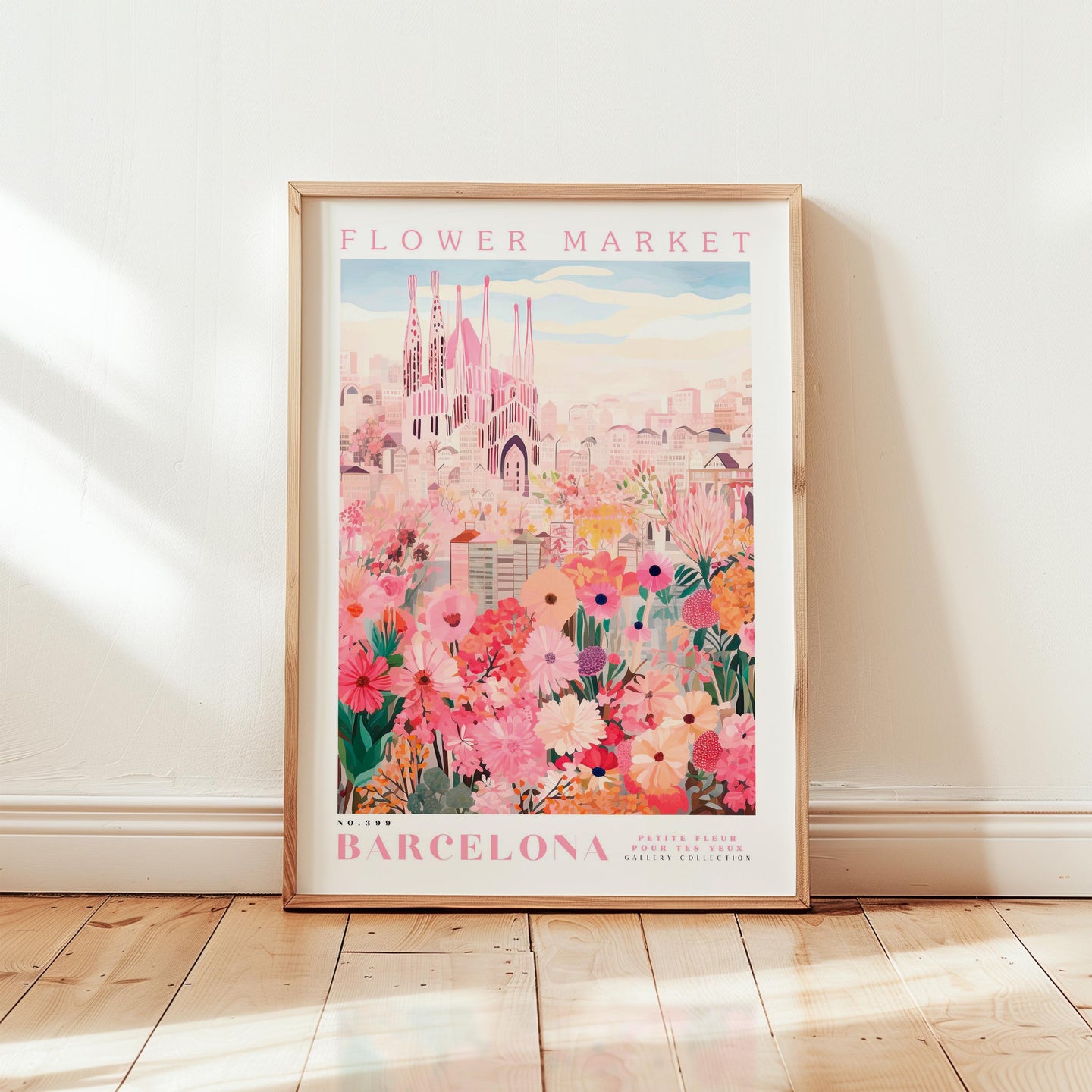 The image is a framed poster of the Barcelona Flower Market, featuring a colorful illustration of the market with various flowers and buildings.