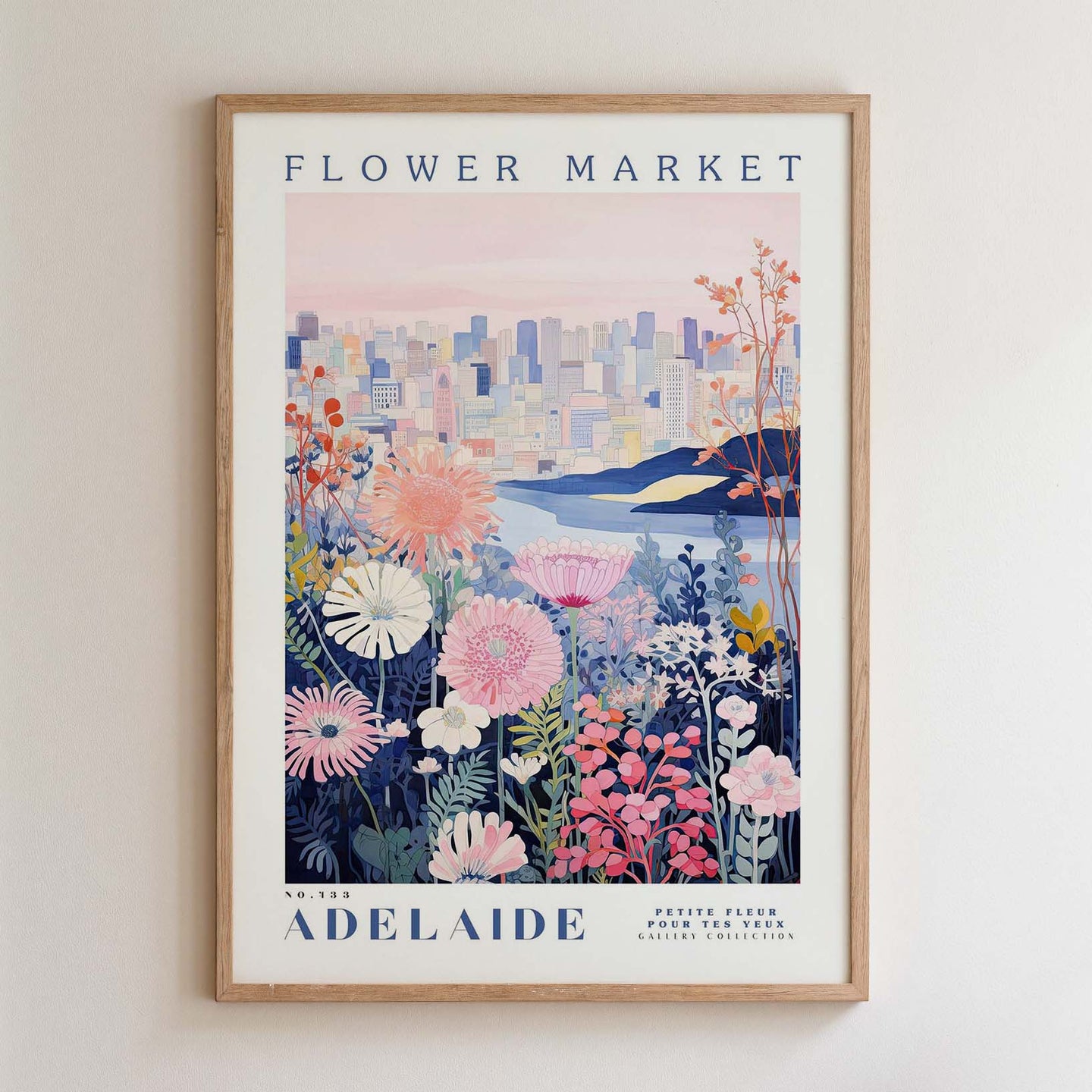 The image is a framed poster depicting a cityscape with a flower market in the background.