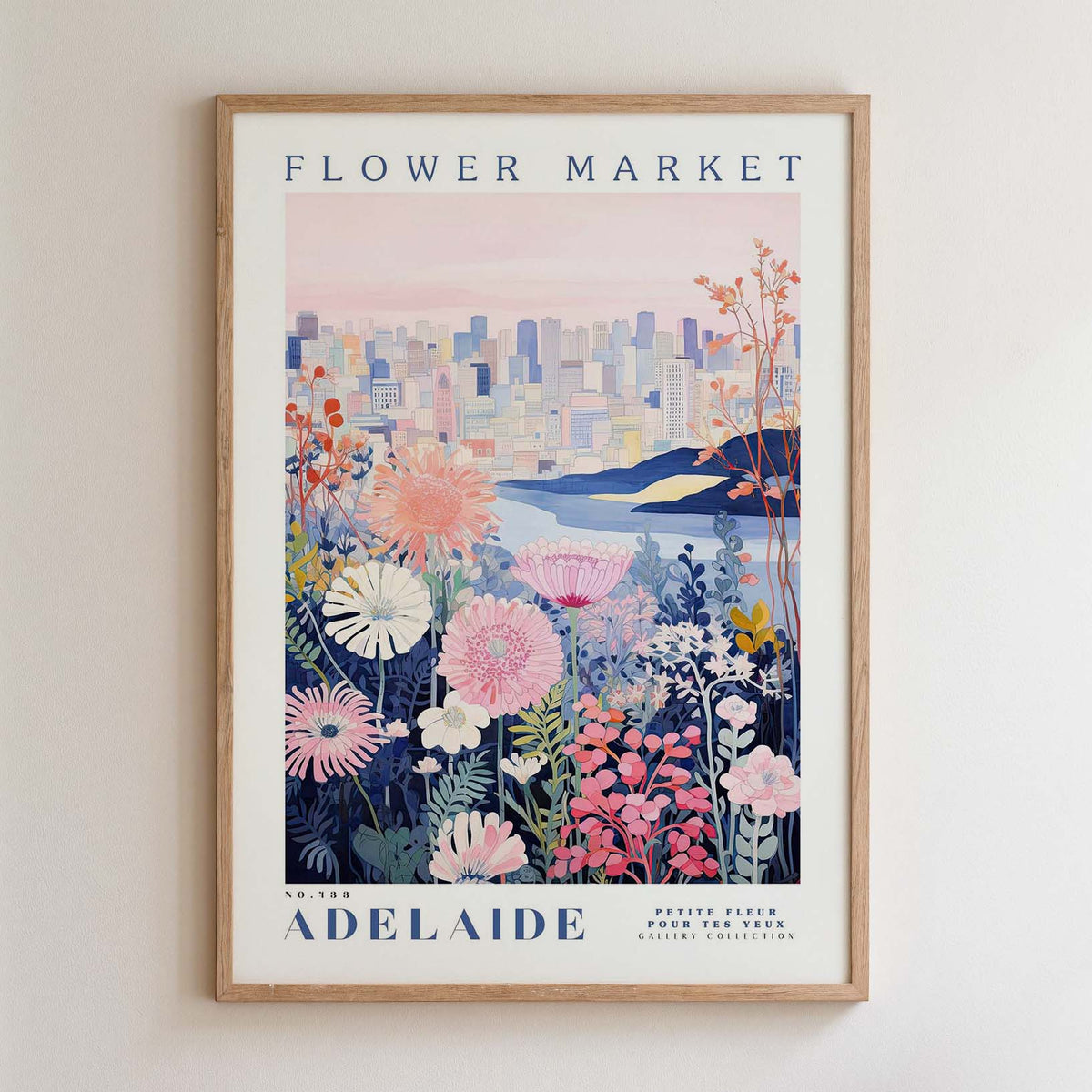 The image is a framed poster depicting a cityscape with a flower market in the background.