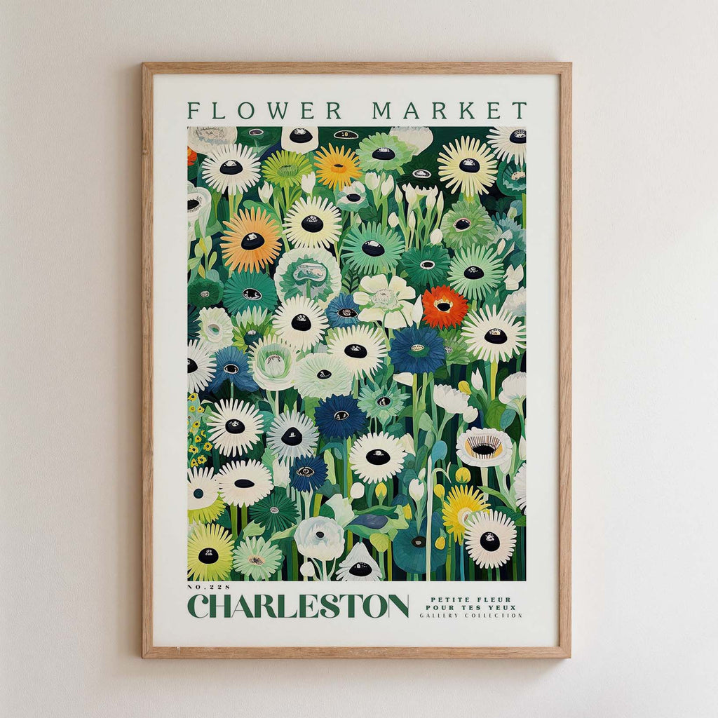 The image is a framed poster of a flower market in Charleston, featuring a variety of colorful flowers and plants.