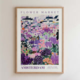 The image is a framed poster depicting a vibrant and colorful flower market in Amsterdam.