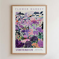 The image is a framed poster depicting a vibrant and colorful flower market in Amsterdam.