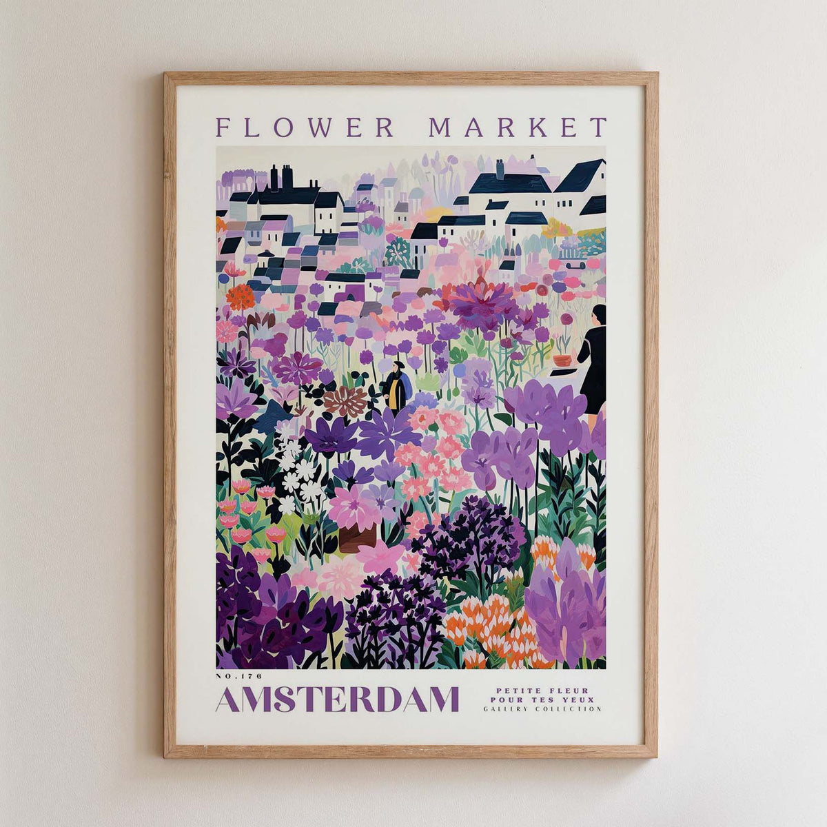 The image is a framed poster depicting a vibrant and colorful flower market in Amsterdam.