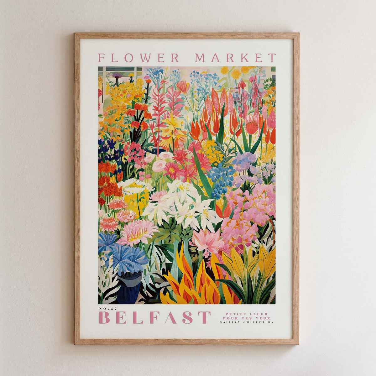 The image is a framed poster of a flower market in Belfast, UK.