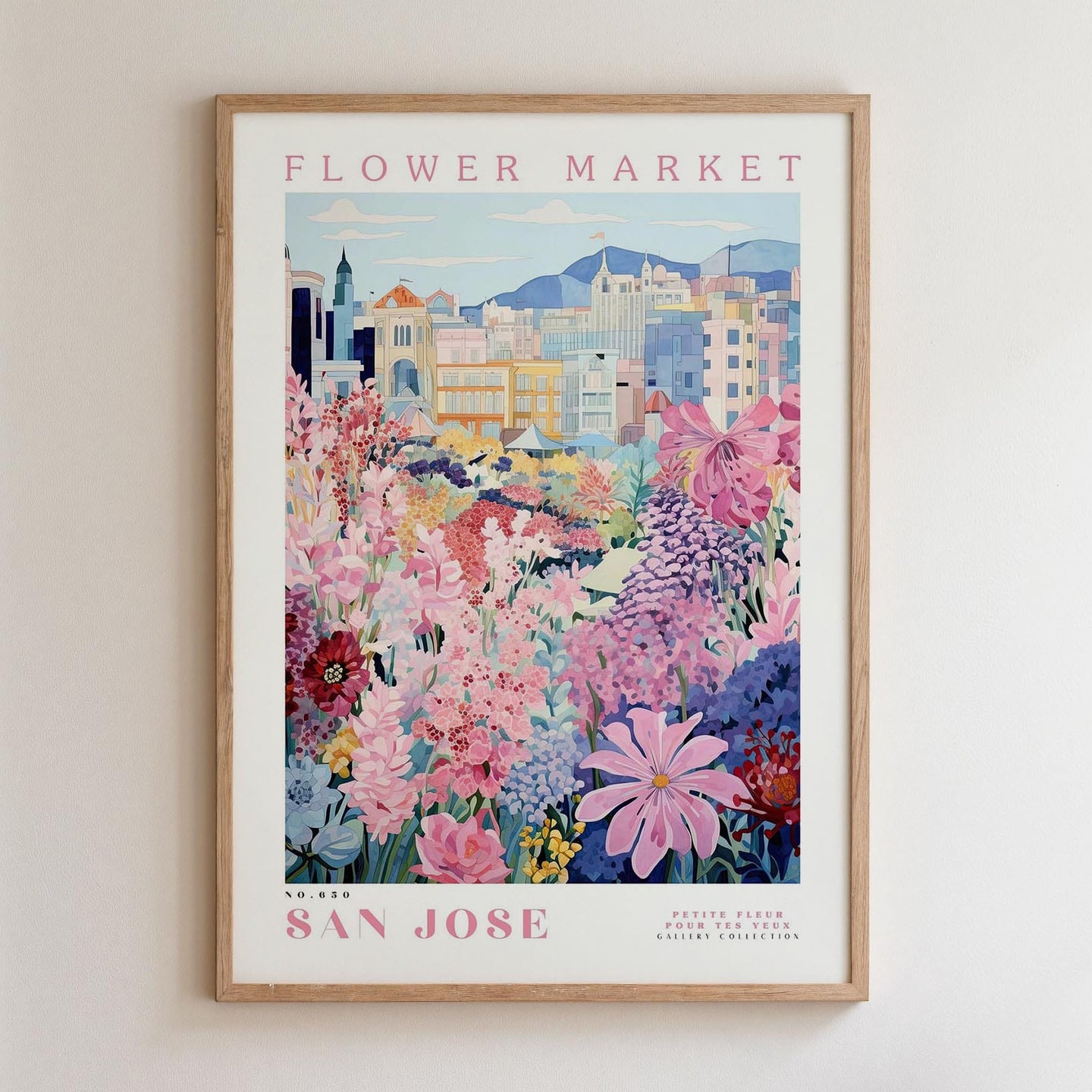 The image is a framed poster depicting a vibrant and colorful flower market in San Jose, California.