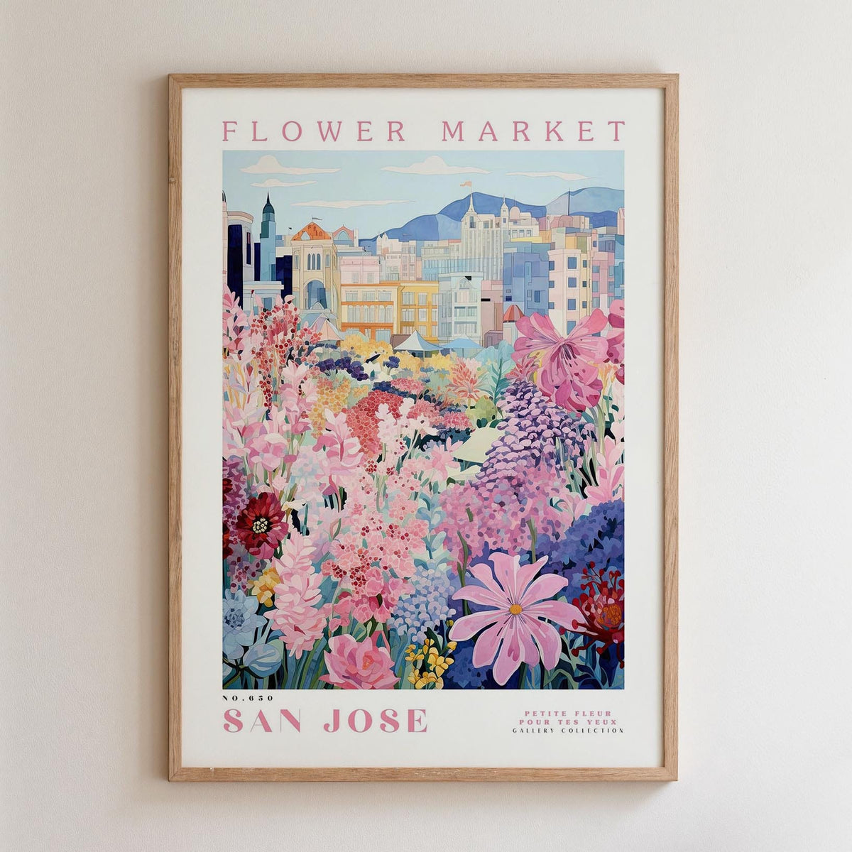 The image is a framed poster depicting a vibrant and colorful flower market in San Jose, California.