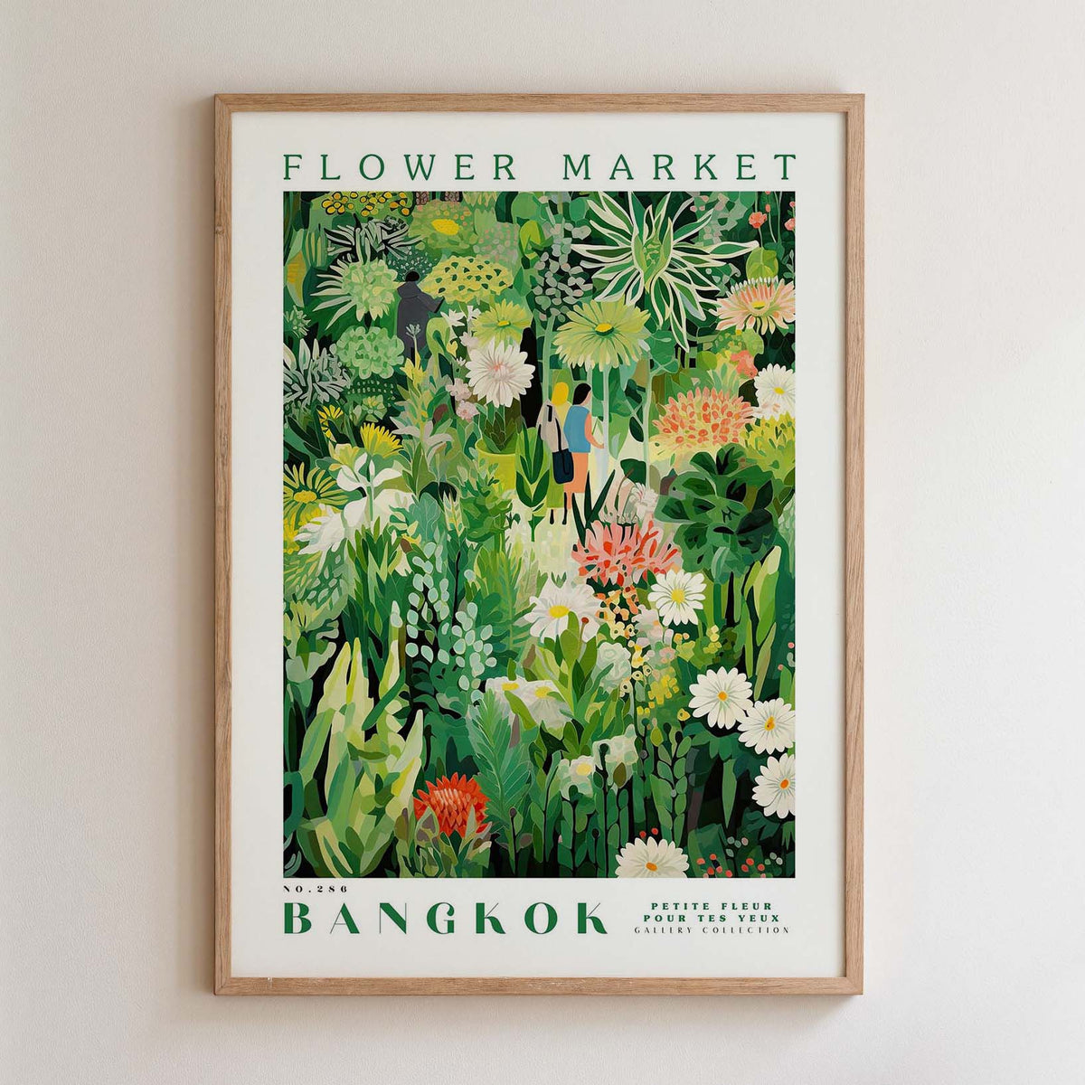 The image is a framed poster depicting a lush, colorful garden scene with various flowers, plants, and foliage.