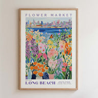 The image is a framed poster depicting a vibrant and colorful flower market in Long Beach, California.