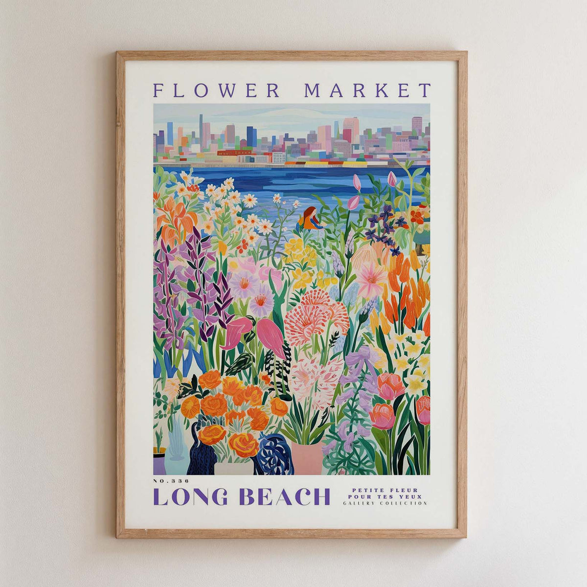 The image is a framed poster depicting a vibrant and colorful flower market in Long Beach, California.