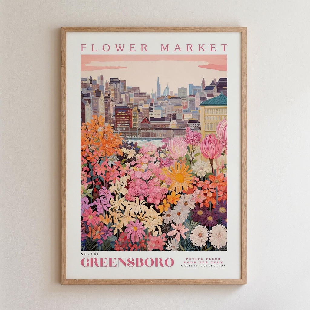 A framed poster depicting a cityscape with a colorful flower market in the foreground.