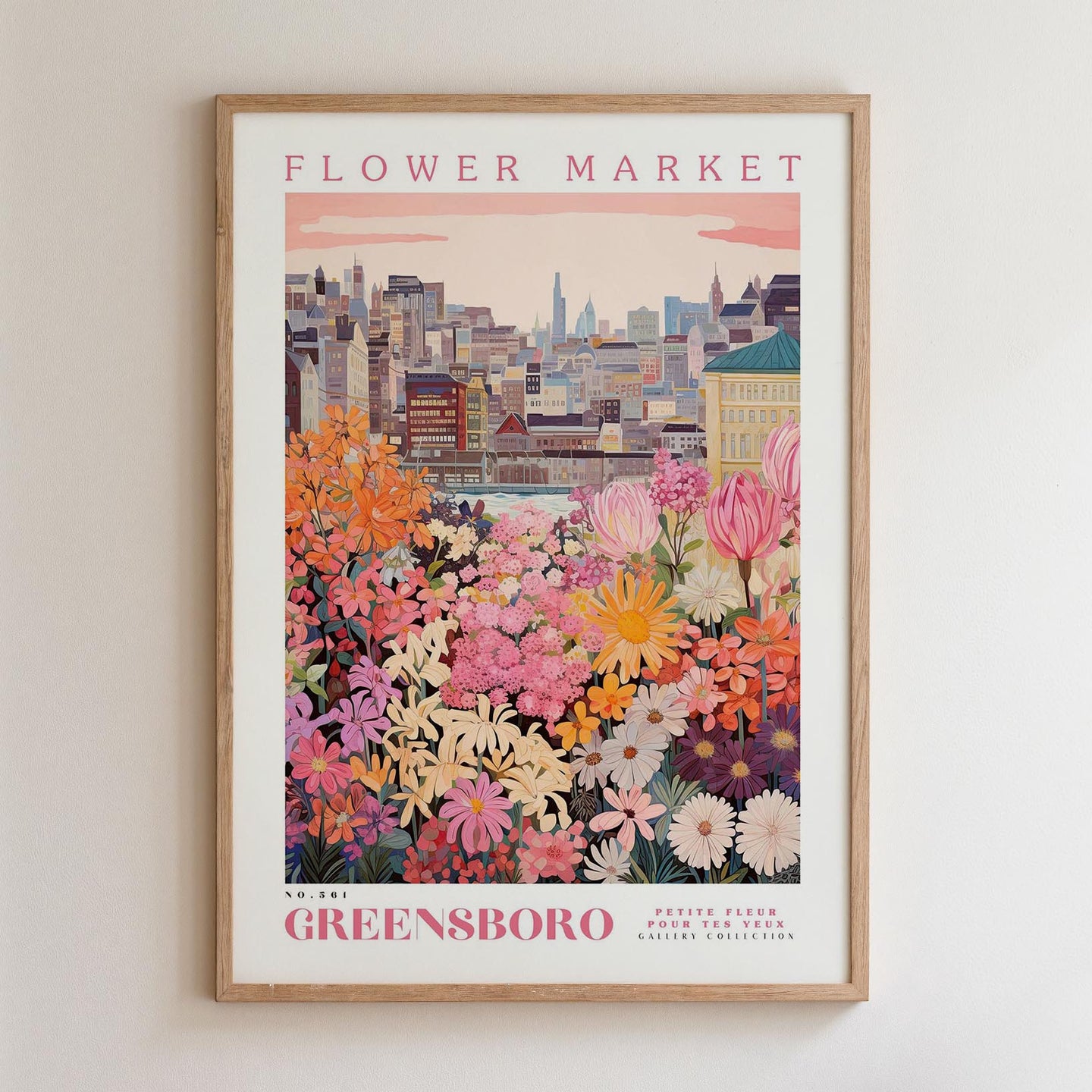 A framed poster depicting a cityscape with a colorful flower market in the foreground.