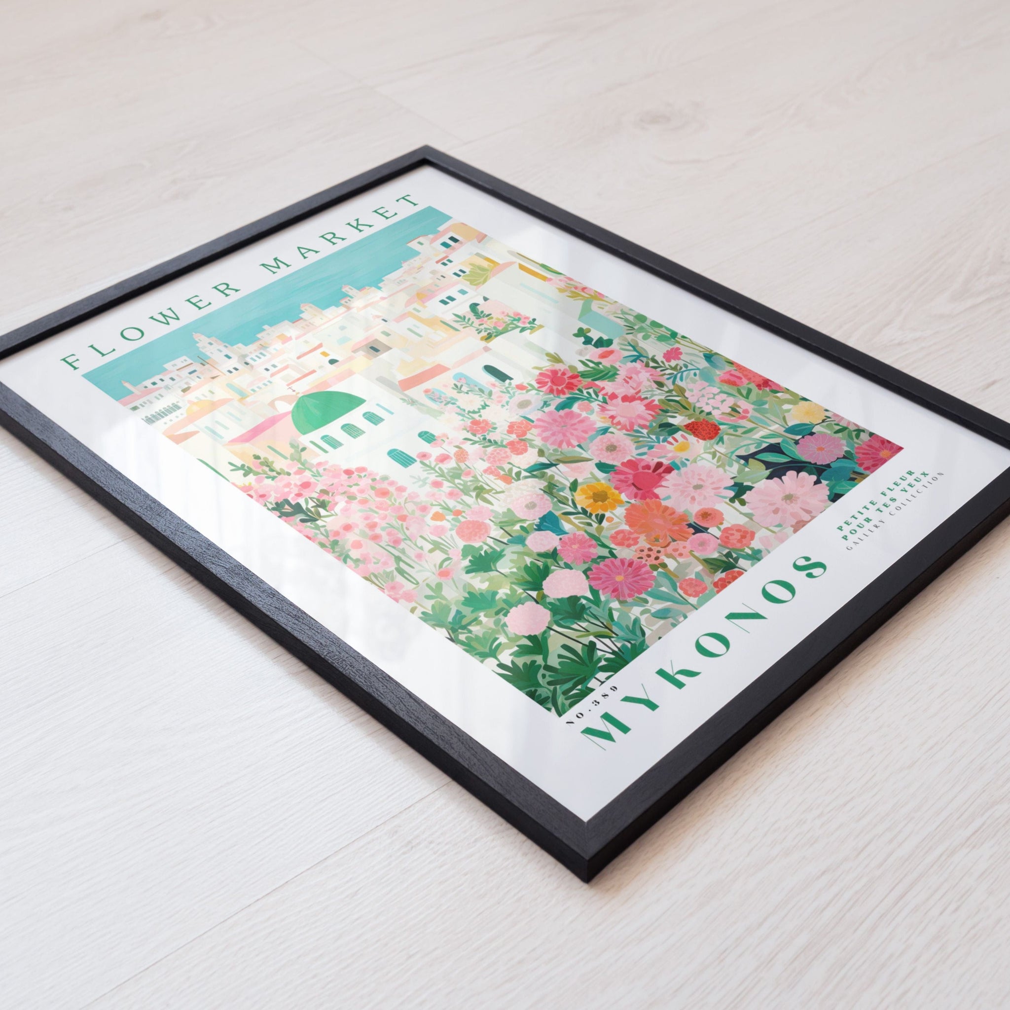 The image is a framed poster or print featuring a colorful illustration of a flower market in Mykonos, Greece.