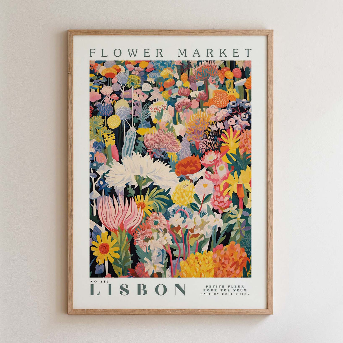 The image is a framed poster depicting a vibrant and colorful floral market scene in Lisbon.