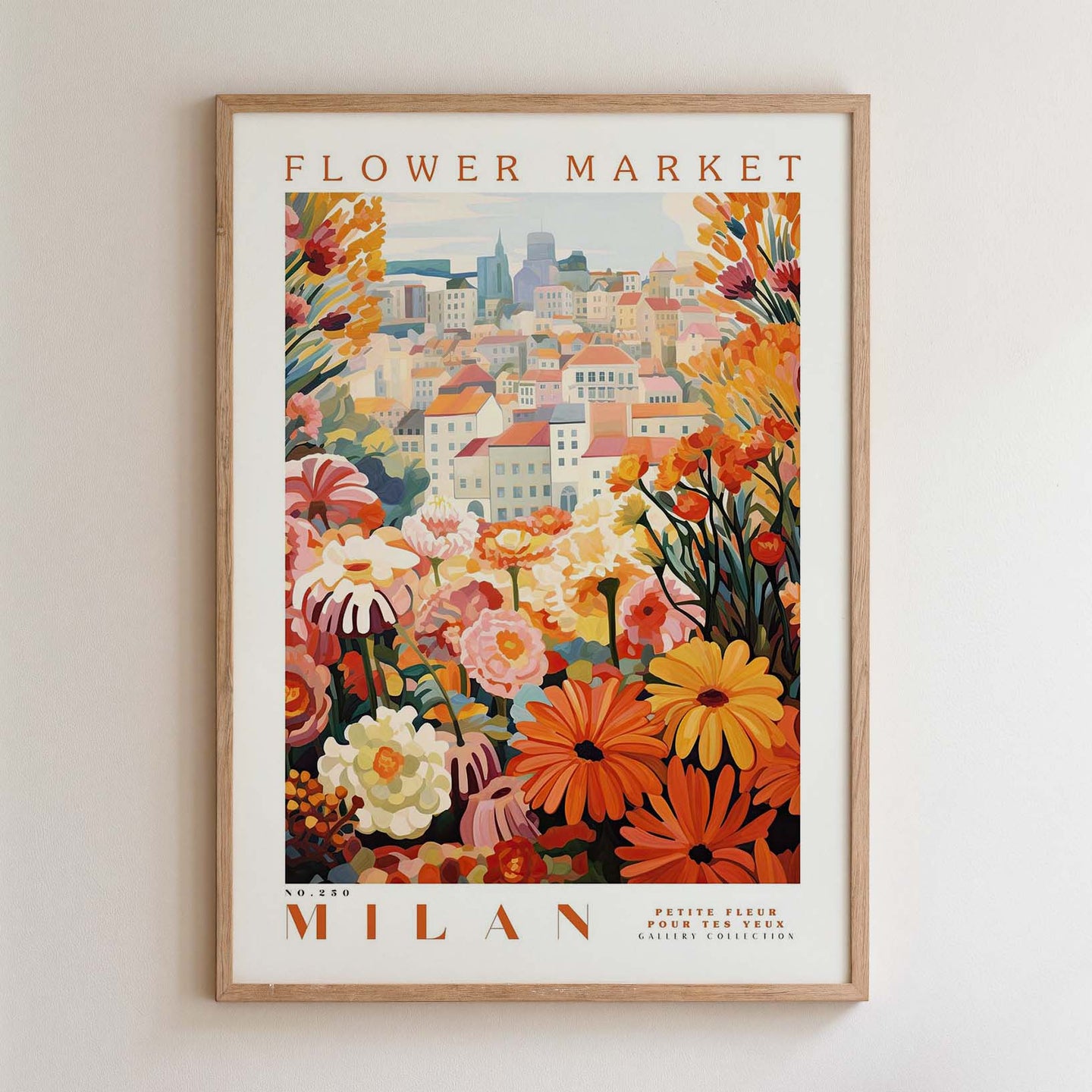The image is a framed poster depicting a vibrant and colorful flower market in Milan, Italy.