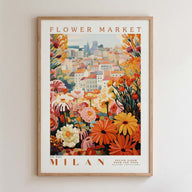 The image is a framed poster depicting a vibrant and colorful flower market in Milan, Italy.