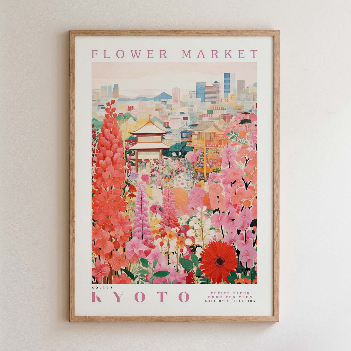 The image is a framed poster depicting a vibrant and colorful scene of a flower market in Kyoto, Japan.