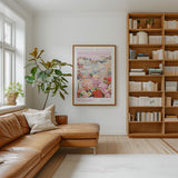 a cozy living room with a large window, a comfortable leather couch, a bookshelf filled with books, and a framed poster of a flower market in Newport.