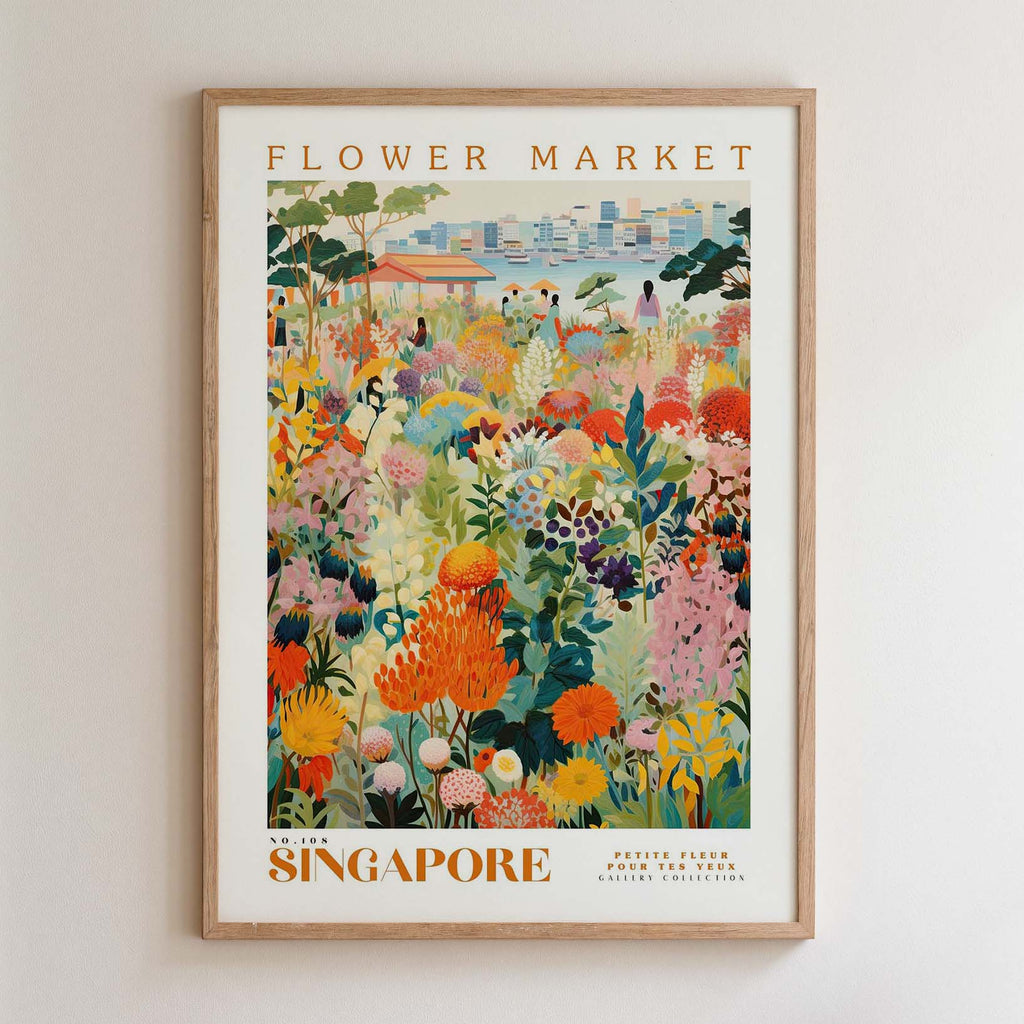 The image is a framed poster depicting a vibrant and colorful flower market in Singapore.