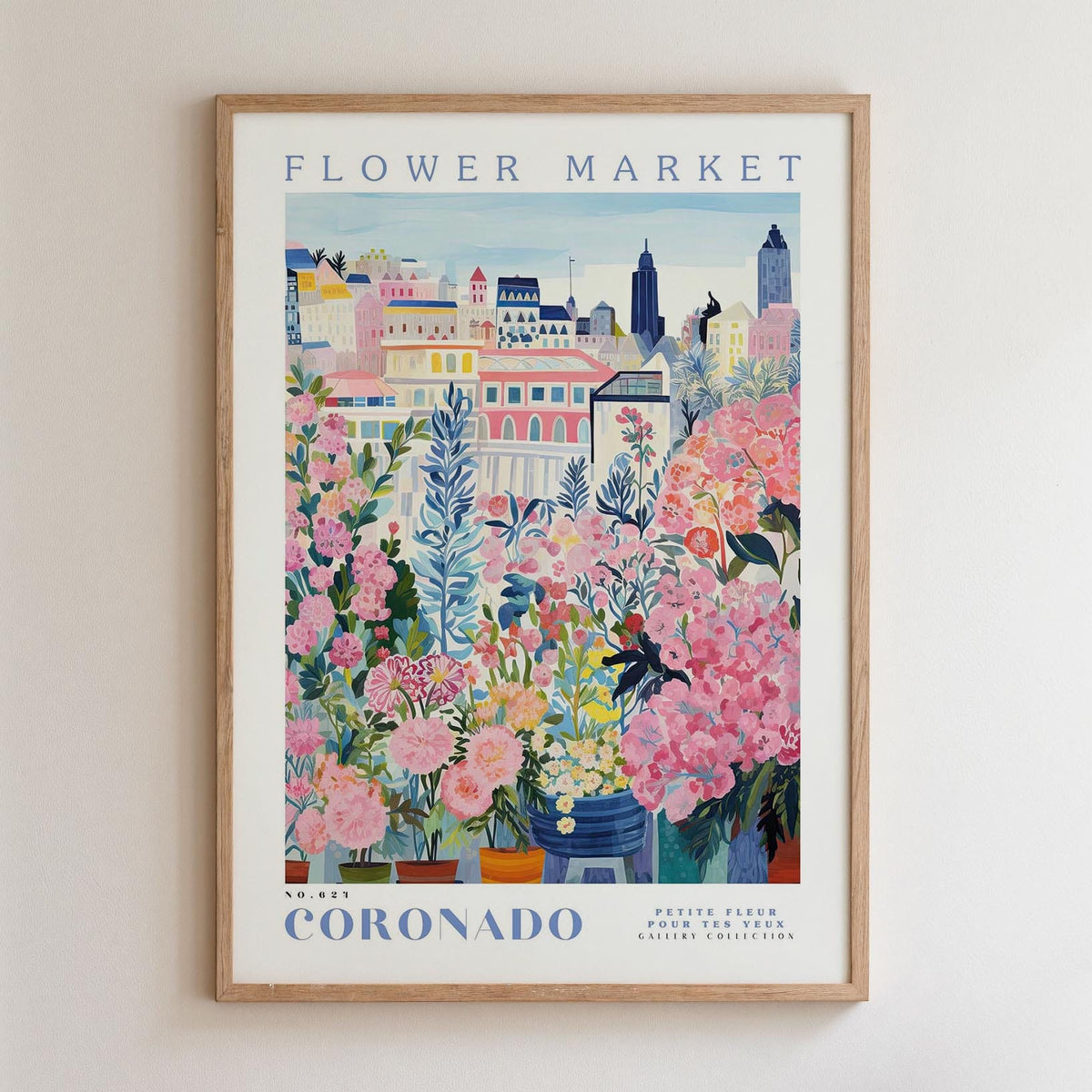 The image is a framed poster depicting a vibrant and colorful cityscape with various buildings, flowers, and plants.