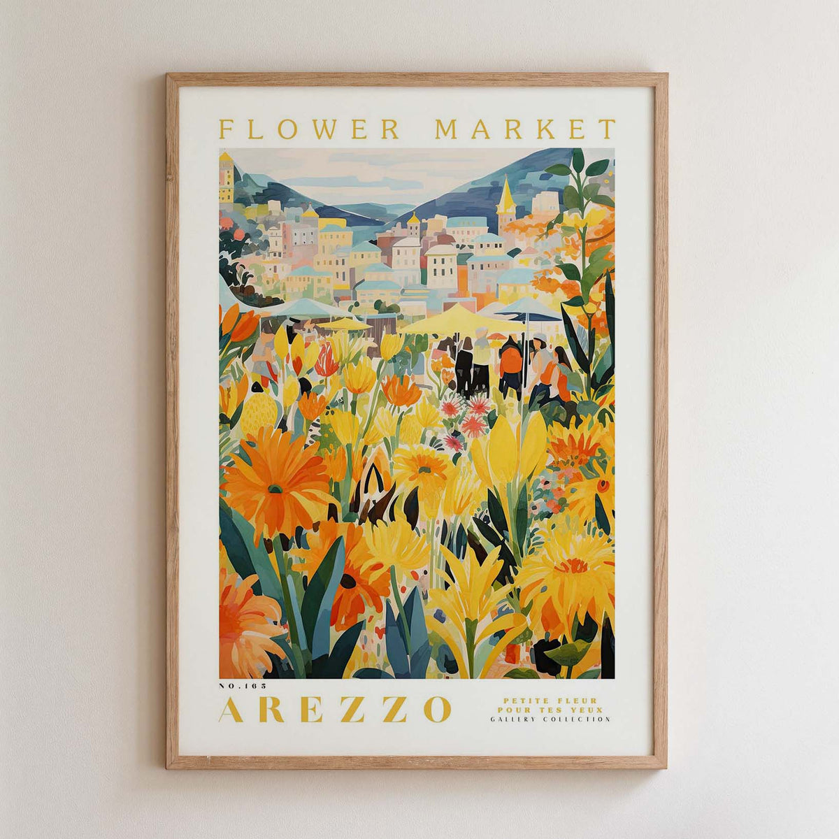 The image is a framed poster depicting a vibrant and colorful flower market in Arezzo, Italy.