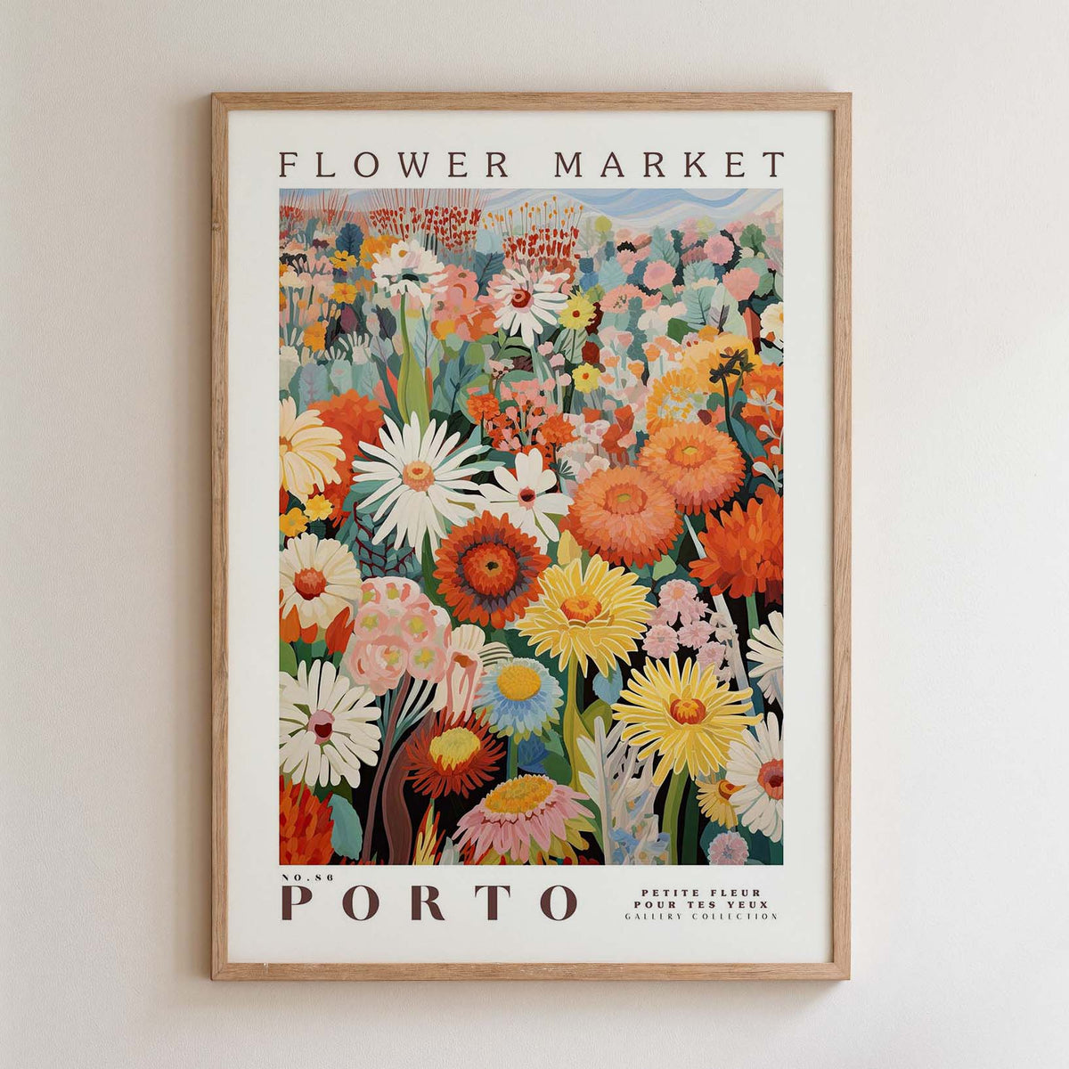 The image is a framed poster depicting a vibrant and colorful flower market in Porto, Portugal.